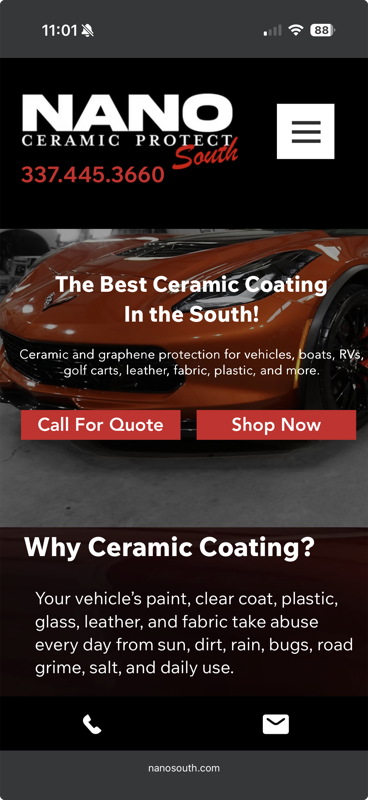 Nano Ceramic Protect South's website shown on a phone screen