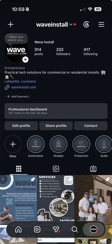 Wave Installations' Instagram profile shown on a phone screen